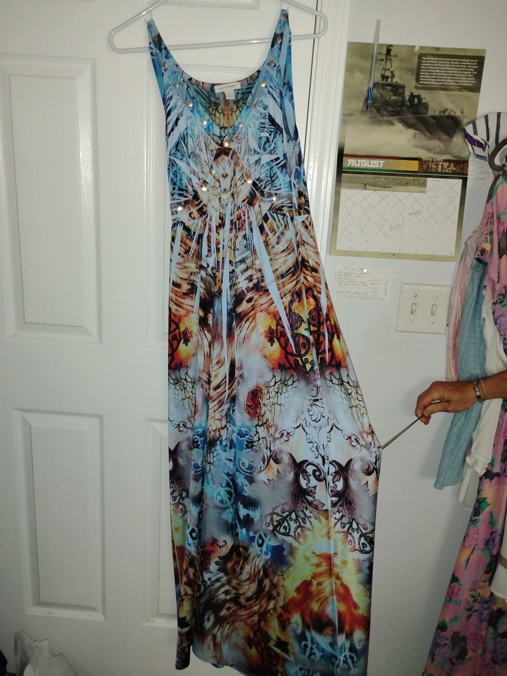 Boston Proper Blue Multicolor V-Neck Maxi Dress Medium